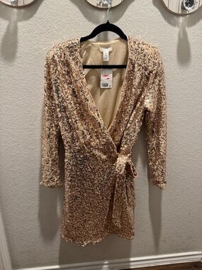 H&M Rose Gold Sequin Wrap Mini Dress